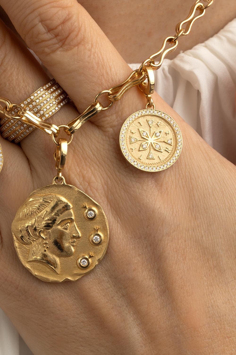 Large Goddess of Mothers Diamond Coin Pendant-YELLOW GOLD-JEWELRYFINE JEWELPENDANT-AZLEE