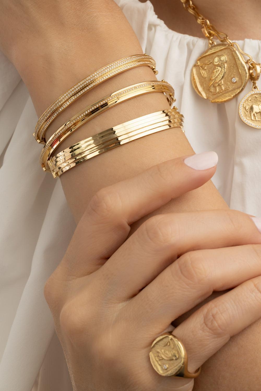 Three Tier Staircase Full Diamond Bangle Bracelet-YELLOW GOLD-SMALL-JEWELRYFINE JEWELBRACELET O-AZLEE