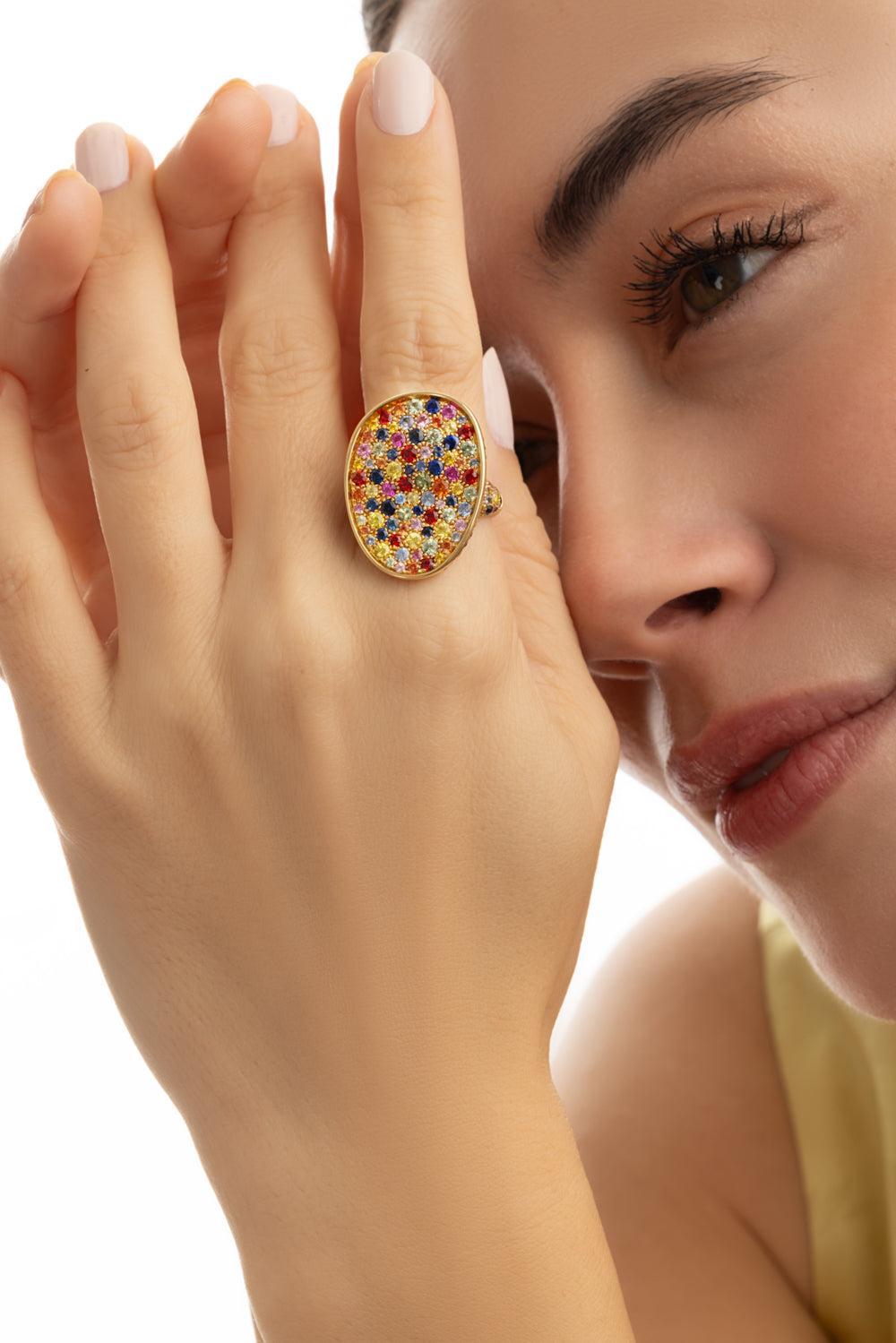 Multi Color Sapphire Lunaria Ring-YELLOW GOLD-7-JEWELRYFINE JEWELRING-MARCO BICEGO