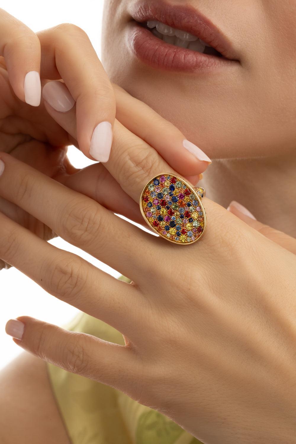 Multi Color Sapphire Lunaria Ring-YELLOW GOLD-7-JEWELRYFINE JEWELRING-MARCO BICEGO