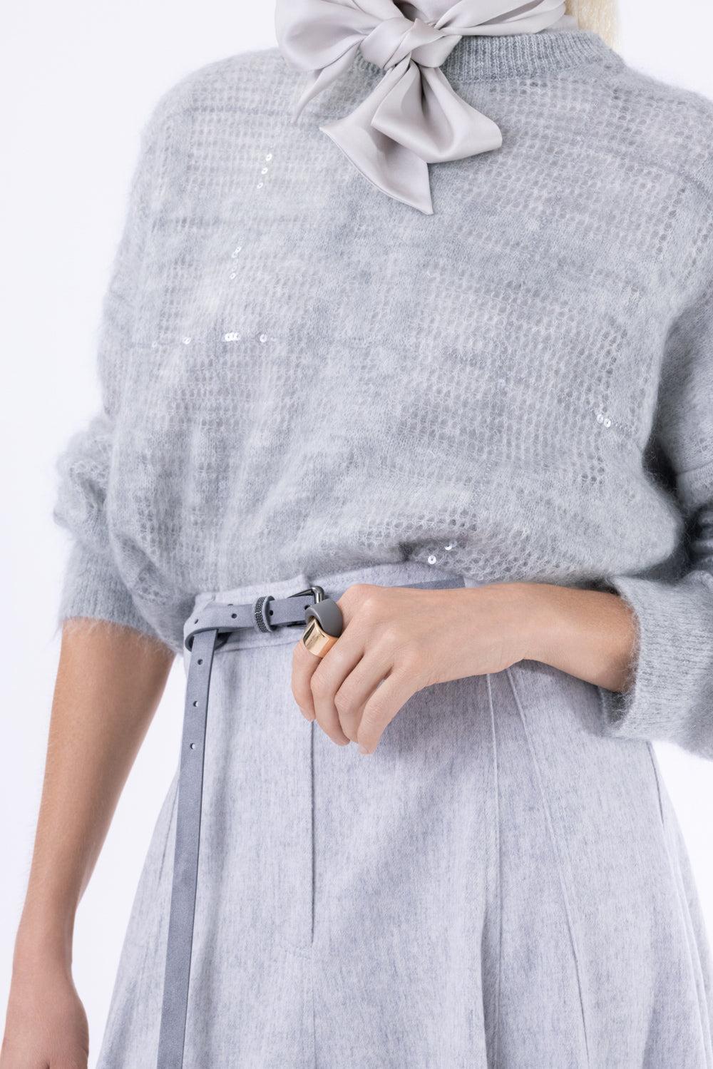 Long Sleeve Plaid Embroiered Sweater-GREY-XS-CLOTHINGTOPKNITS-BRUNELLO CUCINELLI