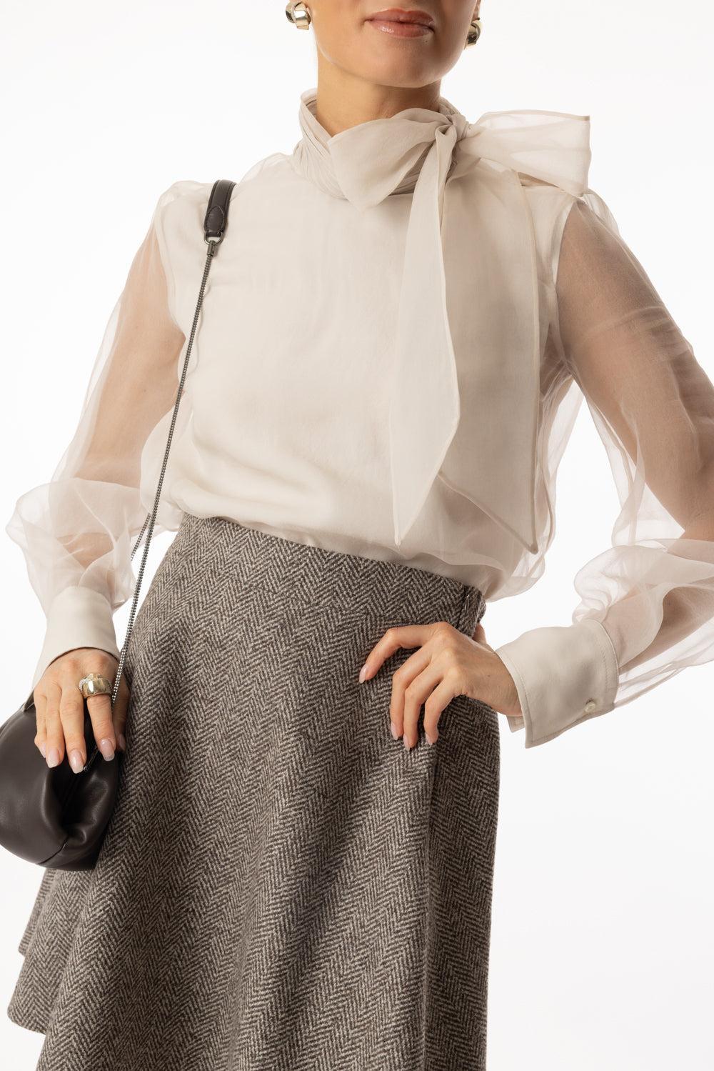 Crispy Bow Blouse-CHAMPAGNE-XS-CLOTHINGTOPBLOUSE-BRUNELLO CUCINELLI