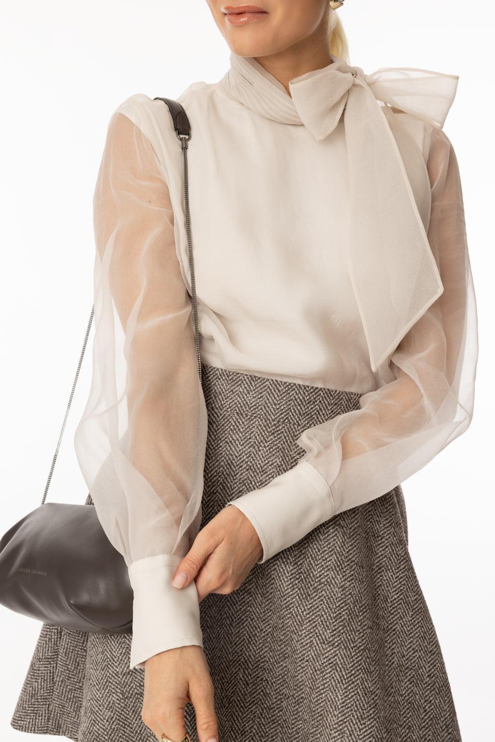 Crispy Bow Blouse-CHAMPAGNE-XS-CLOTHINGTOPBLOUSE-BRUNELLO CUCINELLI