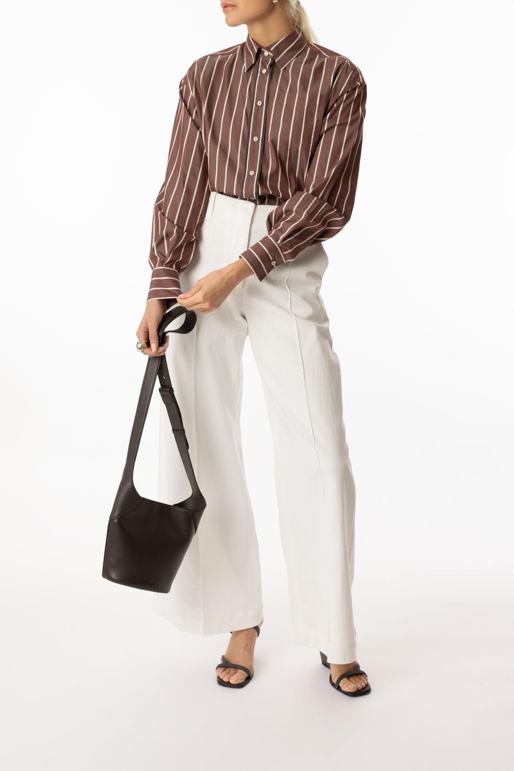 Double Monili Trim Wide Stripe Blouse-BORDEAUX/CREAM-XS-CLOTHINGTOPBLOUSE-BRUNELLO CUCINELLI