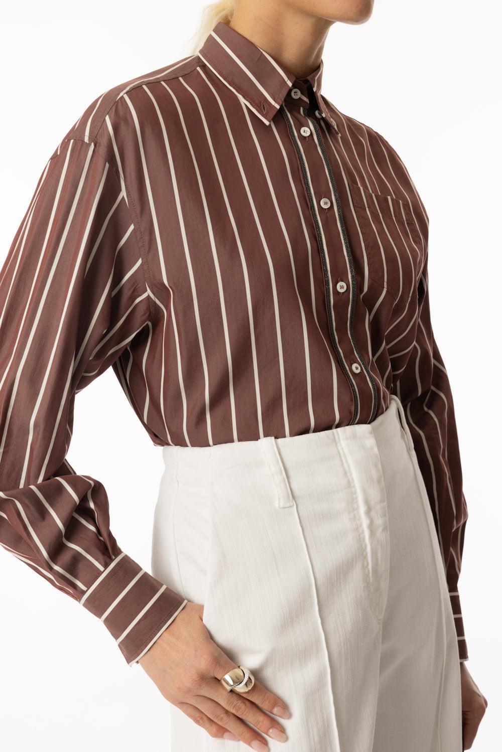 Double Monili Trim Wide Stripe Blouse-BORDEAUX/CREAM-XS-CLOTHINGTOPBLOUSE-BRUNELLO CUCINELLI