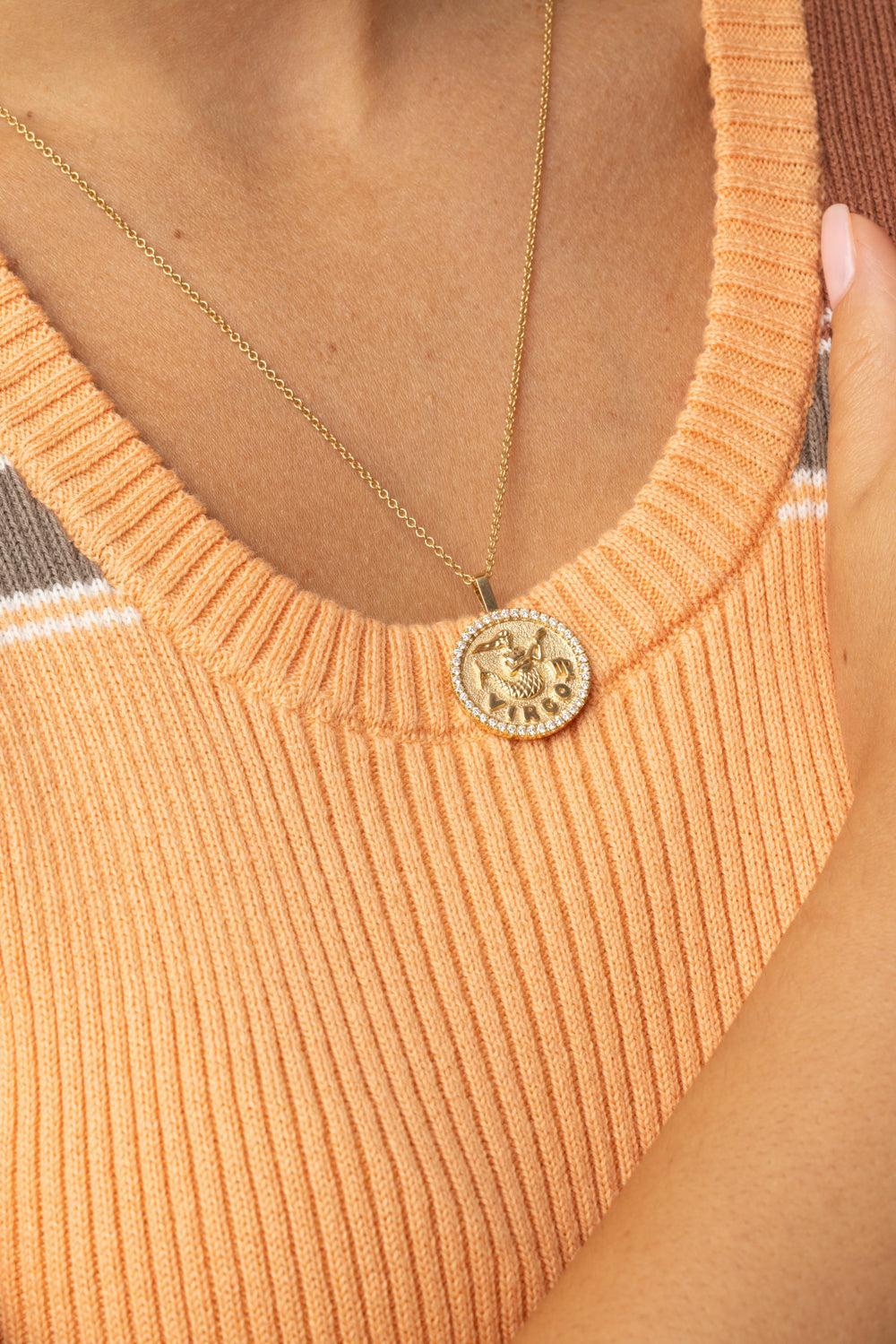 Virgo Diamond Zodiac Pendant Necklace-YELLOW GOLD-JEWELRYFINE JEWELNECKLACE O-ANITA KO
