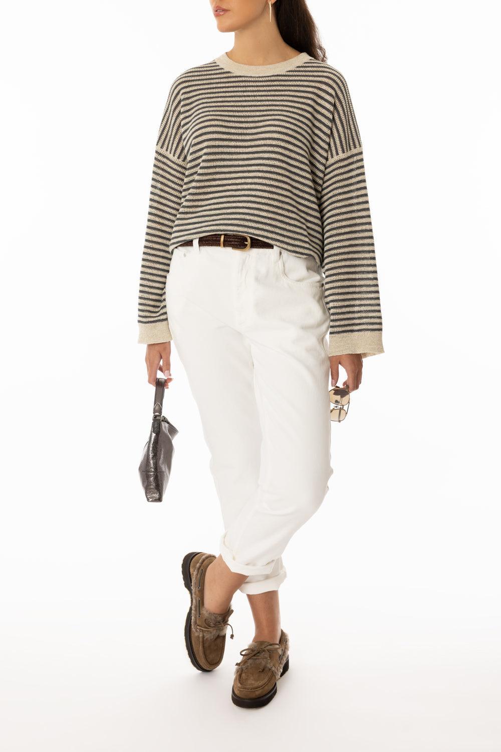 Sparkling Summer Striped Sweater-ANTHRACITE/CREAM-XS-CLOTHINGTOPKNITS-BRUNELLO CUCINELLI