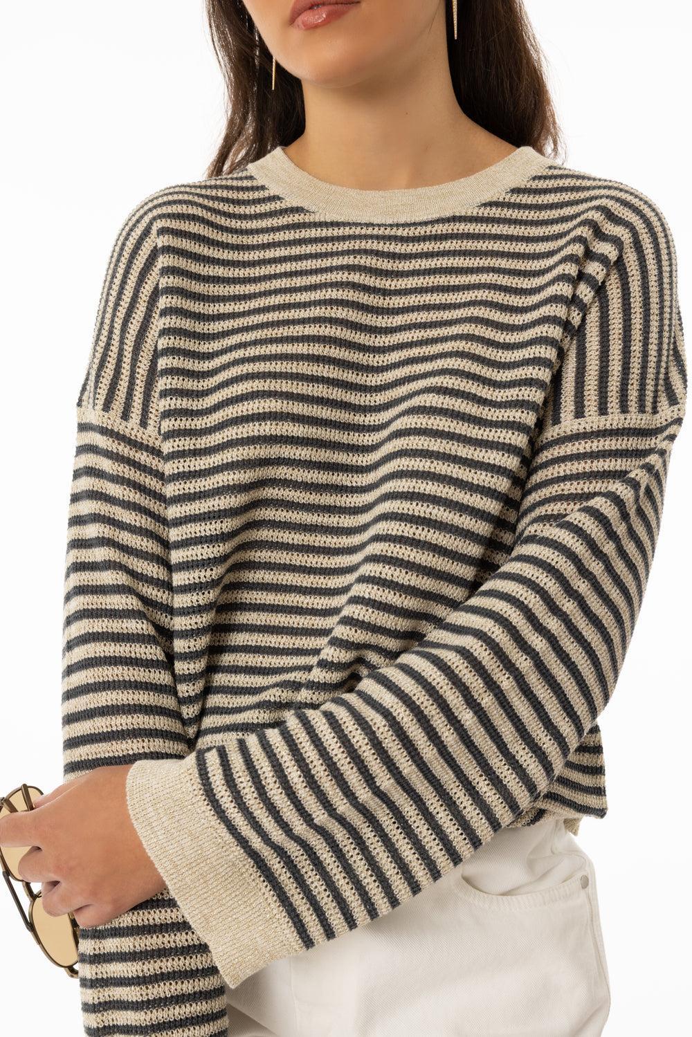 Sparkling Summer Striped Sweater-ANTHRACITE/CREAM-XS-CLOTHINGTOPKNITS-BRUNELLO CUCINELLI