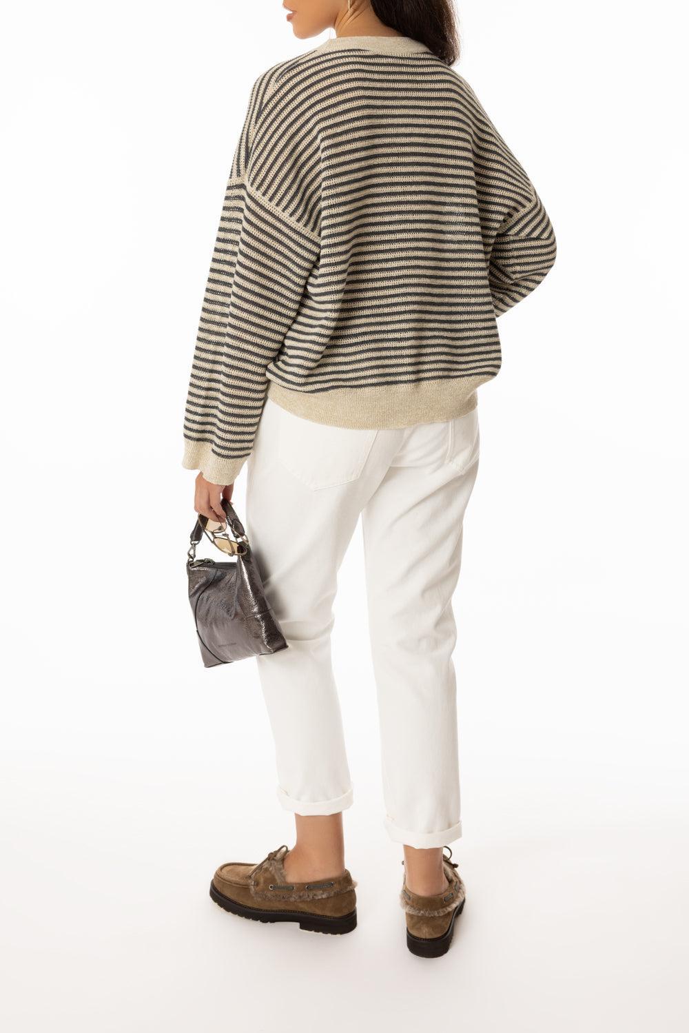 Sparkling Summer Striped Sweater-ANTHRACITE/CREAM-XS-CLOTHINGTOPKNITS-BRUNELLO CUCINELLI