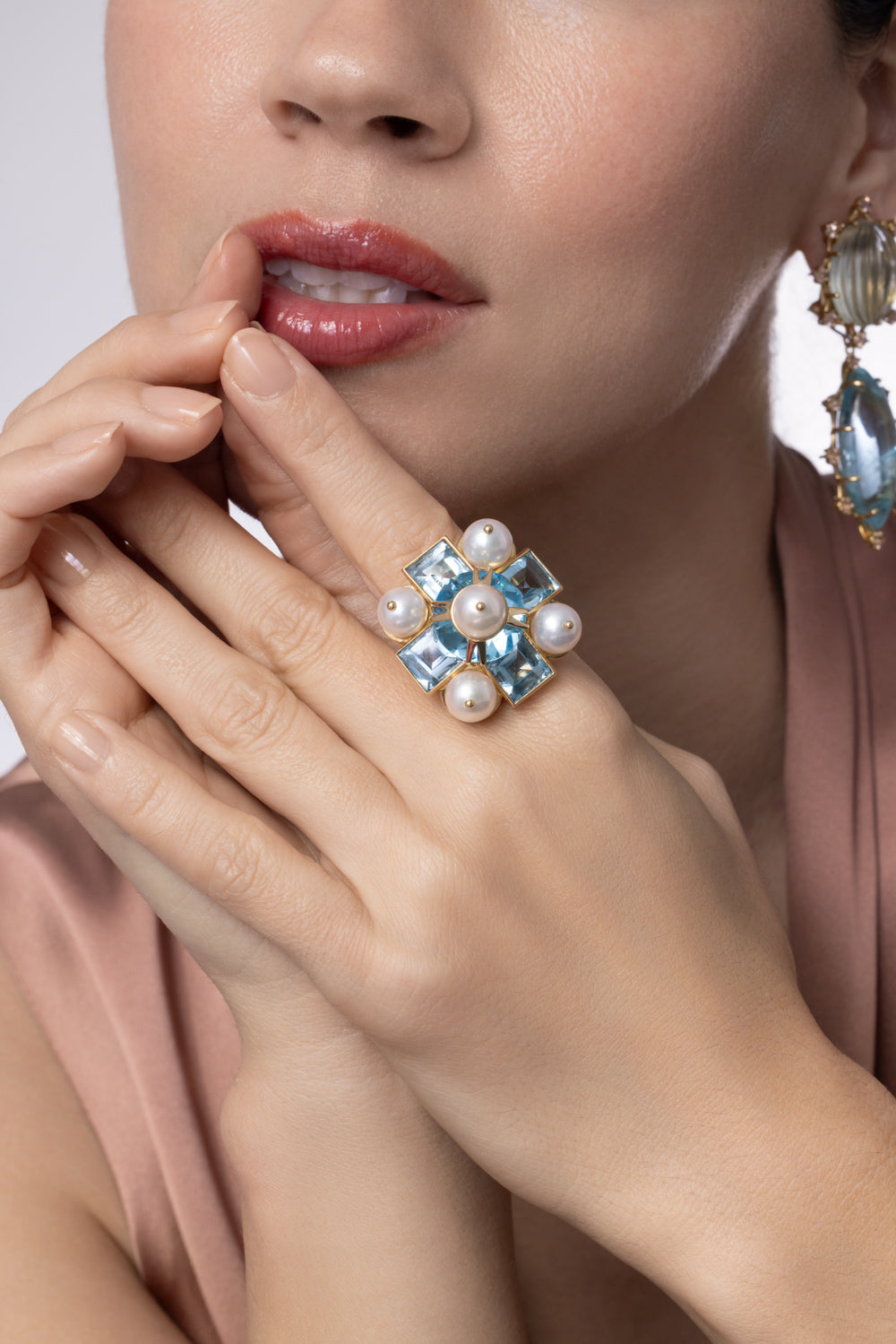 Blue Topaz Pearl Cross Ring