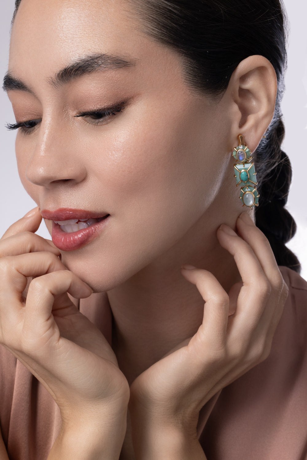 Emerald Moonstone Fluorite Turquoise Drop Earrings