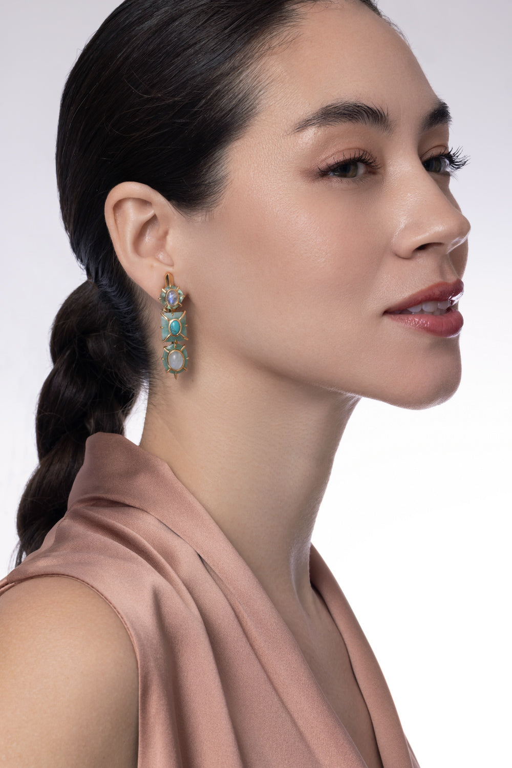 Emerald Moonstone Fluorite Turquoise Drop Earrings