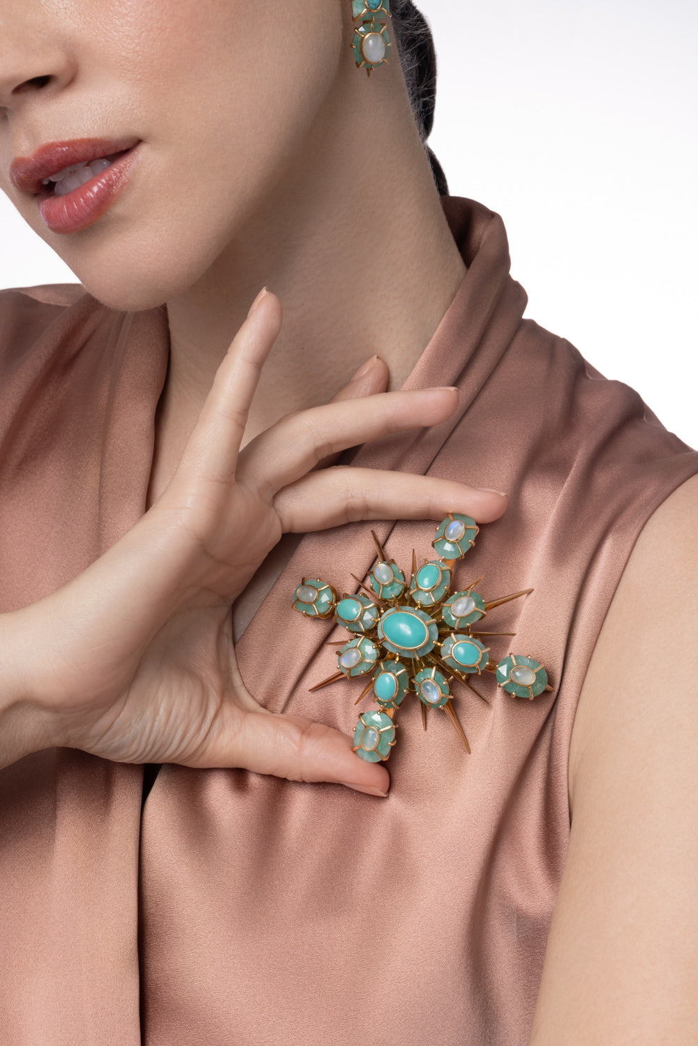 Emerald Turquoise Moonstone Brooch