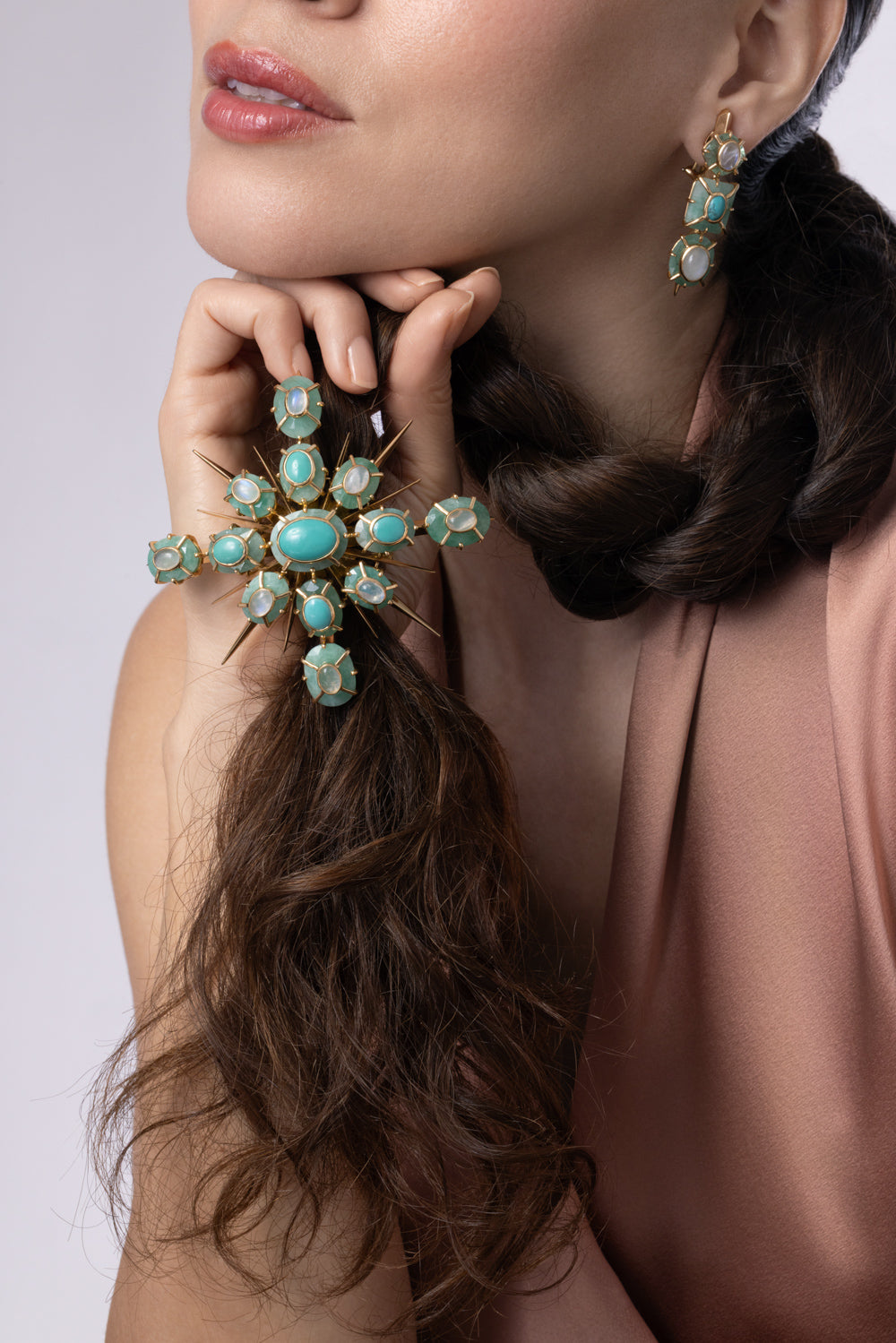 Emerald Turquoise Moonstone Brooch