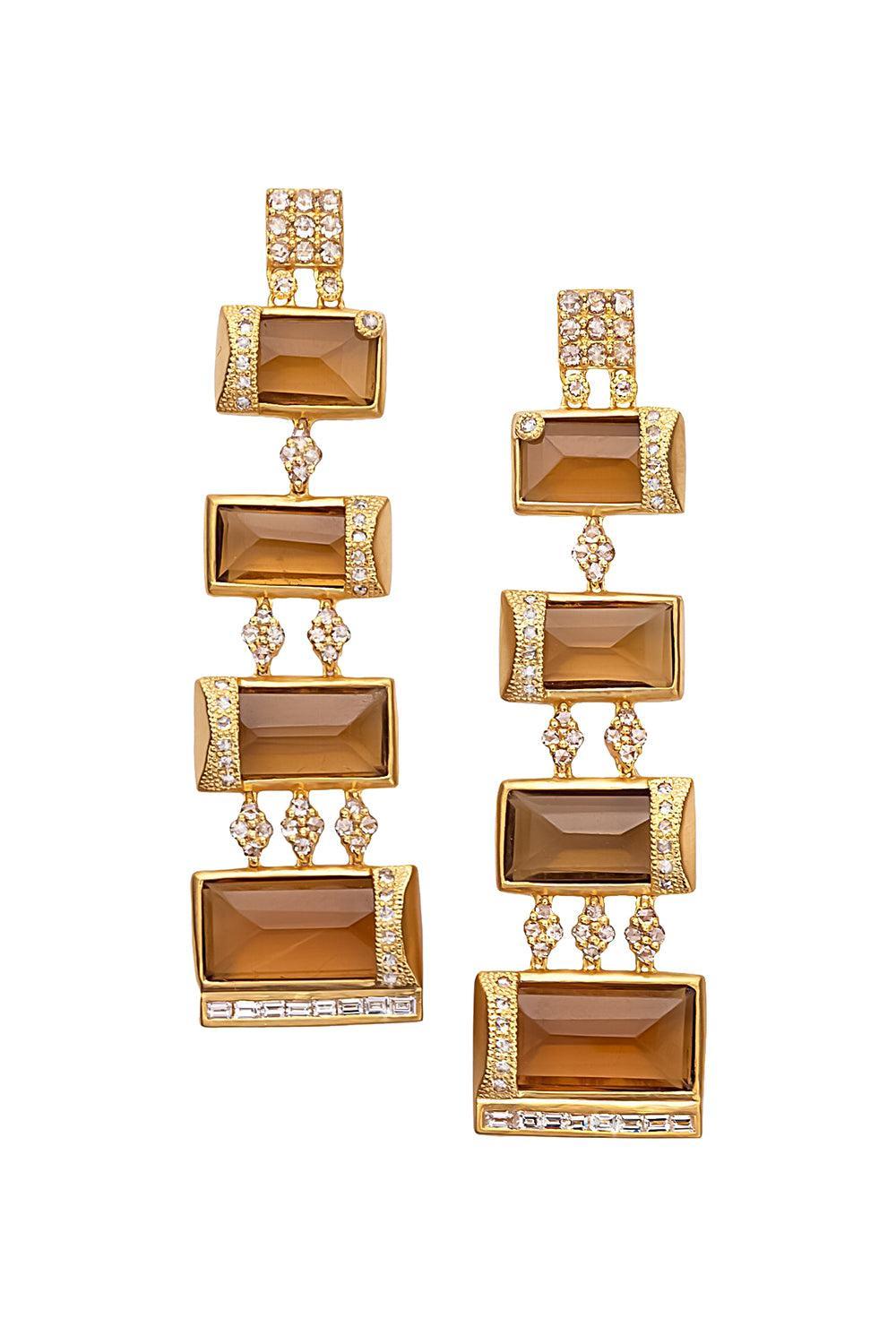 Diamond Whisky Quartz Drop Earrings-YELLOW GOLD-JEWELRYFINE JEWELEARRING-COOMI