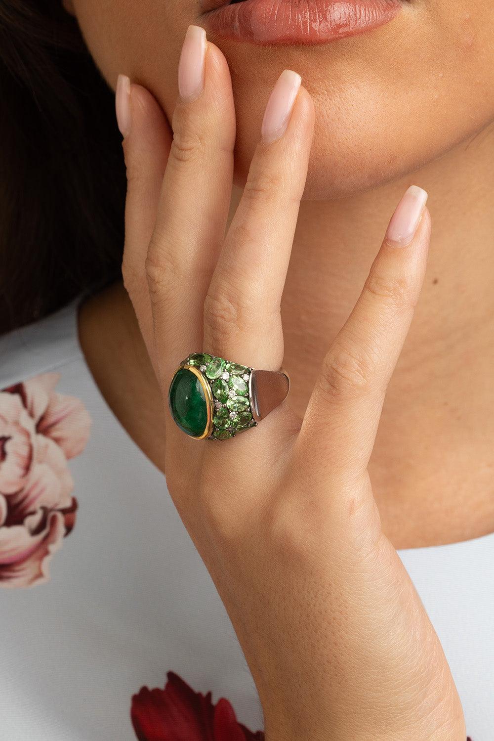 Emerald Tsavorite Diamond Ring-WHITE GOLD-6.5-JEWELRYFINE JEWELRING-ALEXANDER LAUT