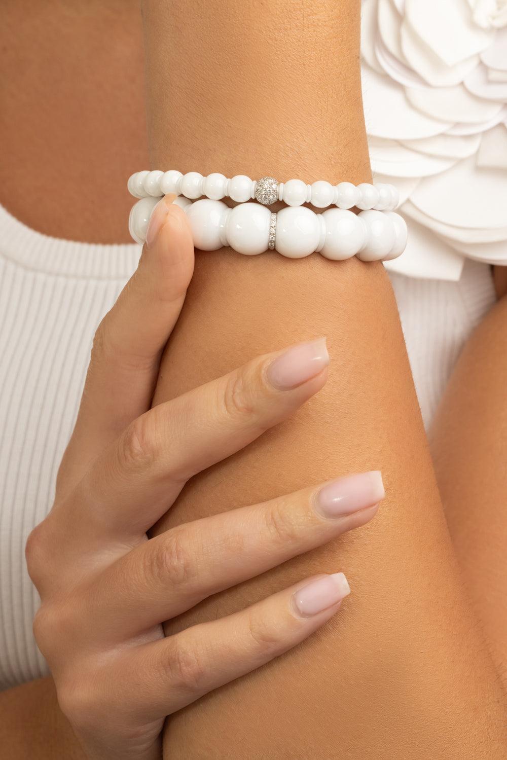 One Diamond White Beaded Stretch Bracelet-WHITE GOLD-JEWELRYFINE JEWELBRACELET O-ROBERTO DEMEGLIO