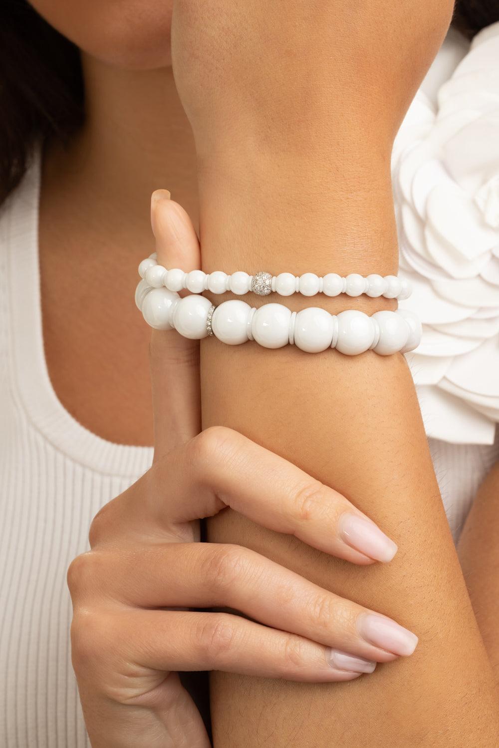 One Diamond White Beaded Stretch Bracelet-WHITE GOLD-JEWELRYFINE JEWELBRACELET O-ROBERTO DEMEGLIO