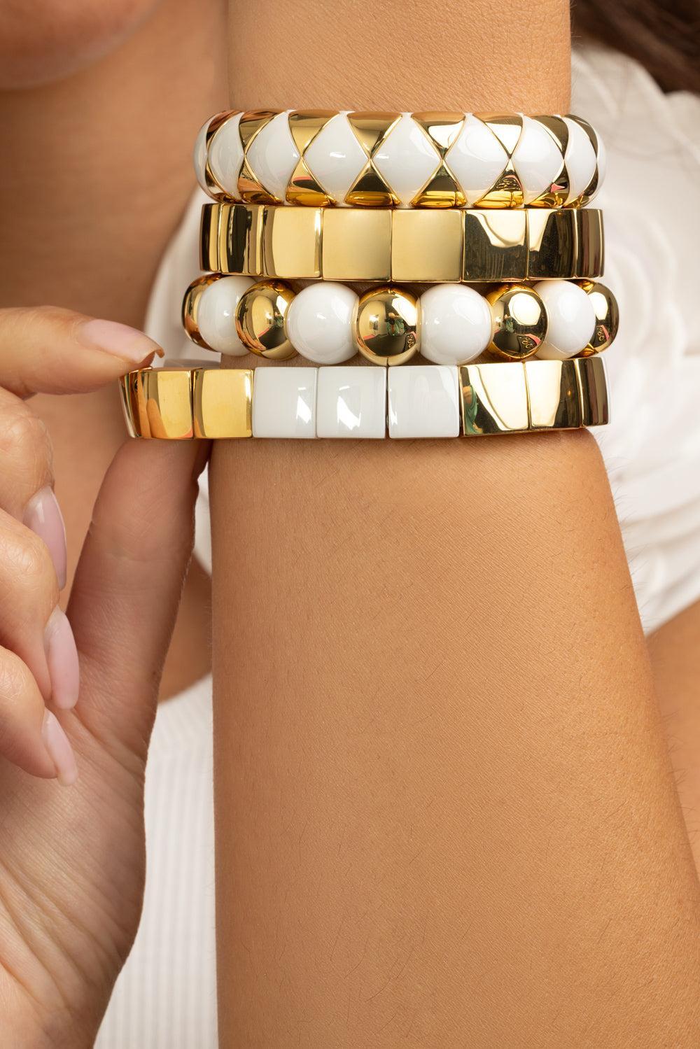 Gold White Ceramic Stretch Bracelet-YELLOW GOLD-JEWELRYFINE JEWELBRACELET O-ROBERTO DEMEGLIO