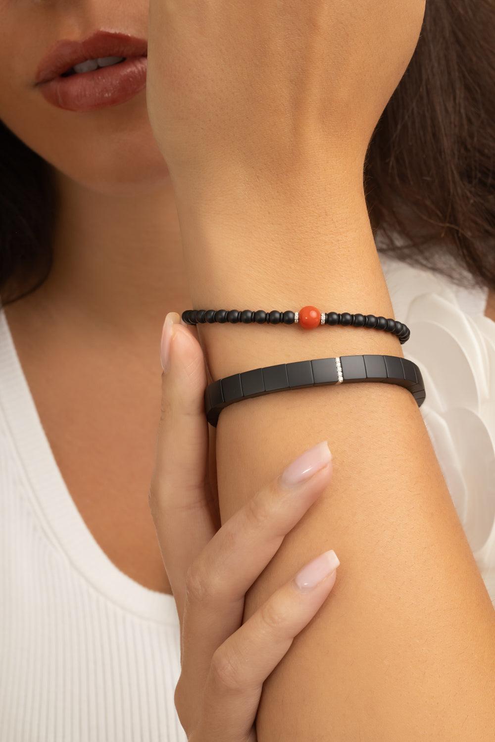 One Diamond Square Matte Black Scacco Stretch Bracelet-WHITE GOLD-JEWELRYFINE JEWELBRACELET O-ROBERTO DEMEGLIO