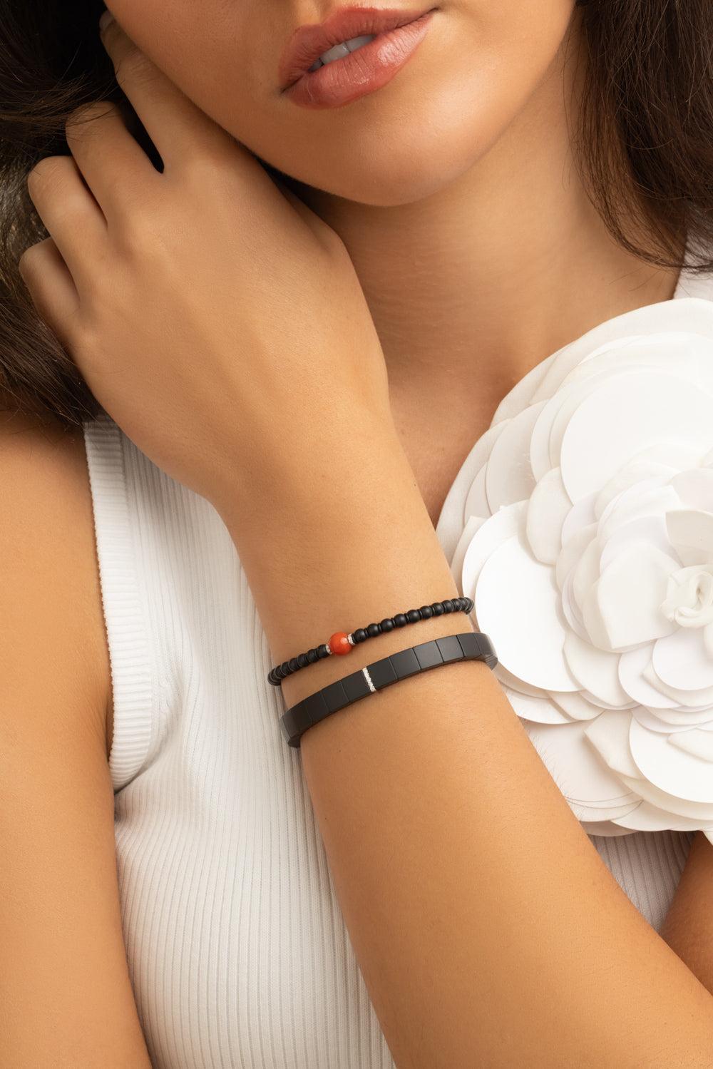 One Diamond Square Matte Black Scacco Stretch Bracelet-WHITE GOLD-JEWELRYFINE JEWELBRACELET O-ROBERTO DEMEGLIO