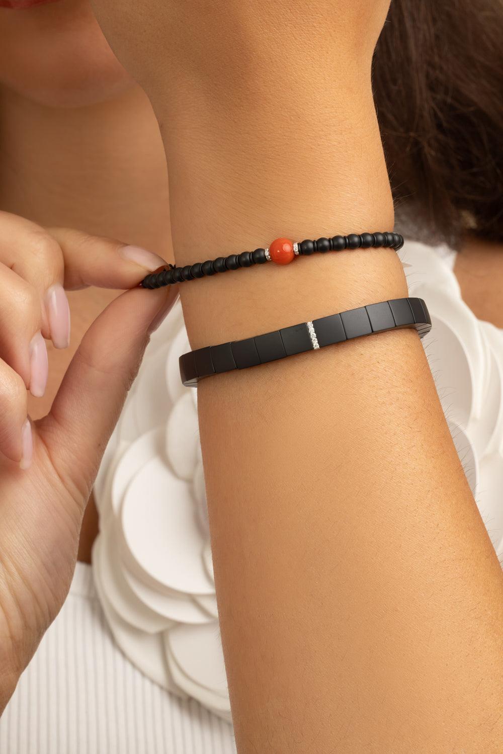 One Diamond Square Matte Black Scacco Stretch Bracelet-WHITE GOLD-JEWELRYFINE JEWELBRACELET O-ROBERTO DEMEGLIO