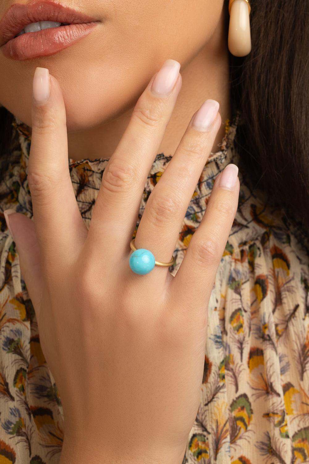 Medium Turquoise Gumball Ring-YELLOW GOLD-7-JEWELRYFINE JEWELRING-IRENE NEUWIRTH JEWELRY