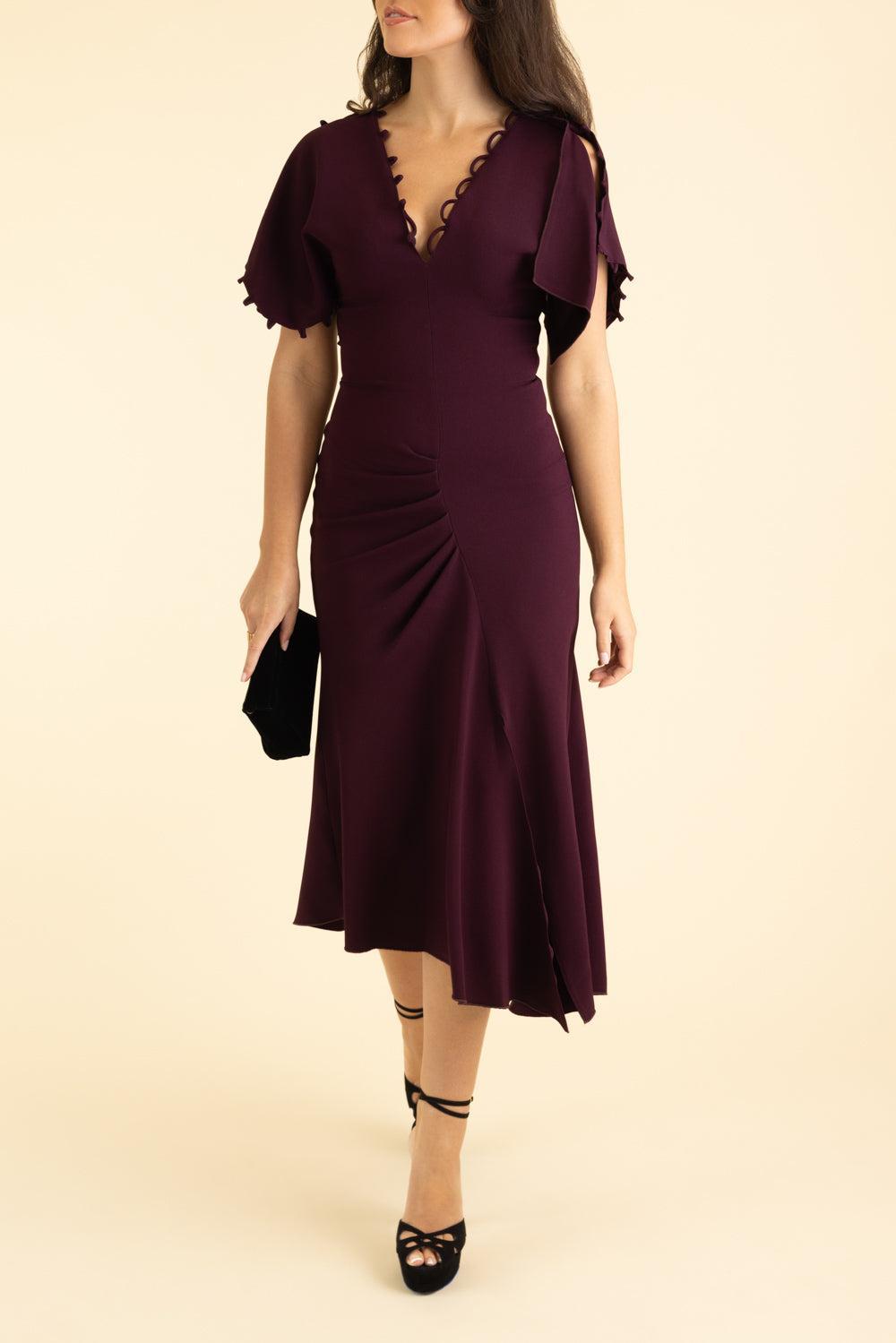 Rouleaux Detail Dress-MERLOT-2-CLOTHINGDRESSCASUAL-VICTORIA BECKHAM