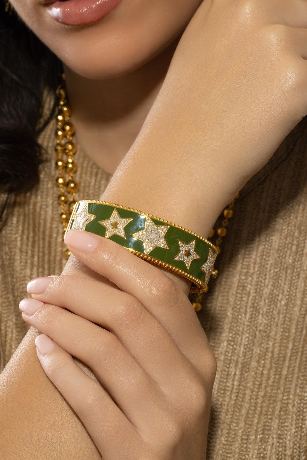 Diamond Army Green Star Bangle Bracelet-YELLOW GOLD-JEWELRYFINE JEWELBRACELET O-BUDDHA MAMA