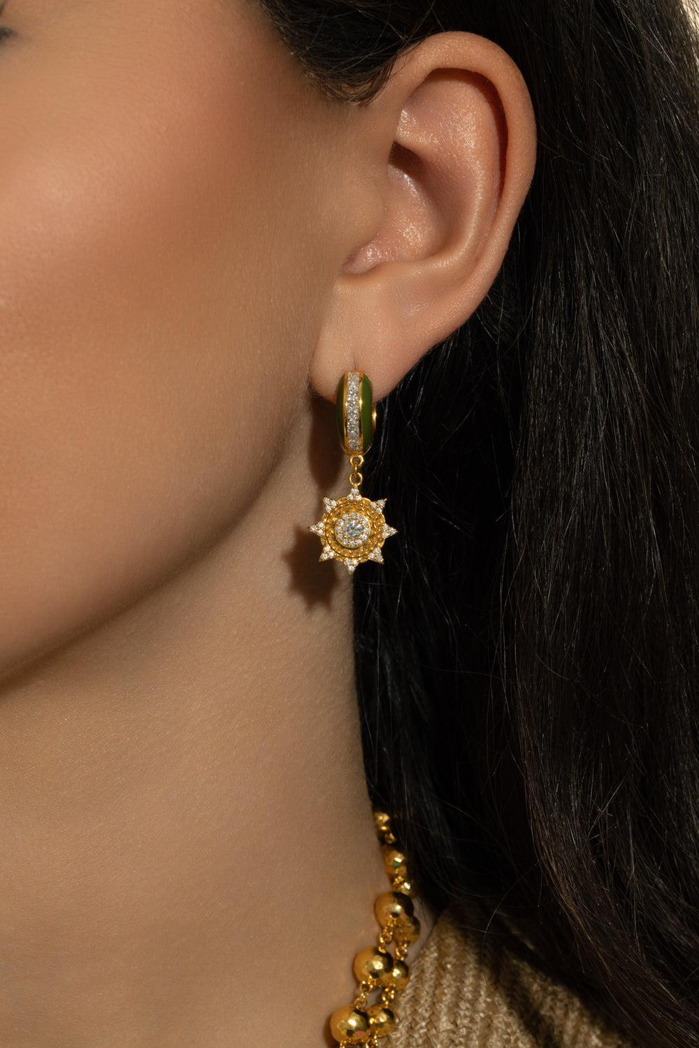 Diamond Army Green Sun Huggie Earrings-YELLOW GOLD-JEWELRYFINE JEWELEARRING-BUDDHA MAMA