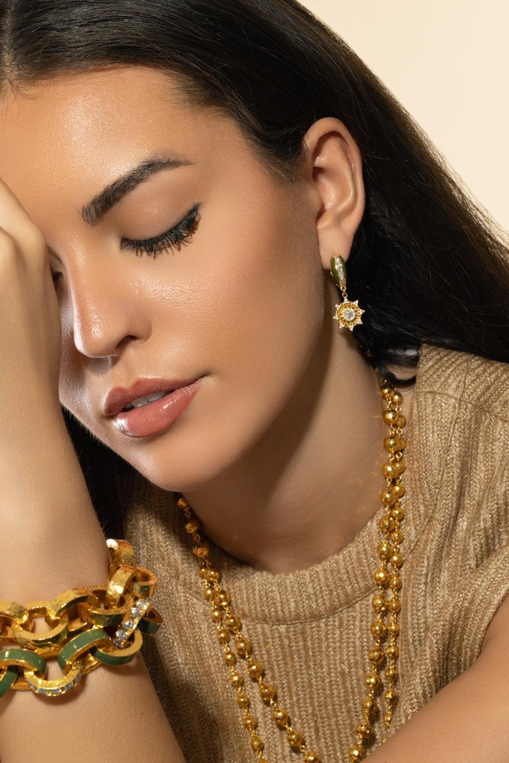 Diamond Army Green Sun Huggie Earrings-YELLOW GOLD-JEWELRYFINE JEWELEARRING-BUDDHA MAMA