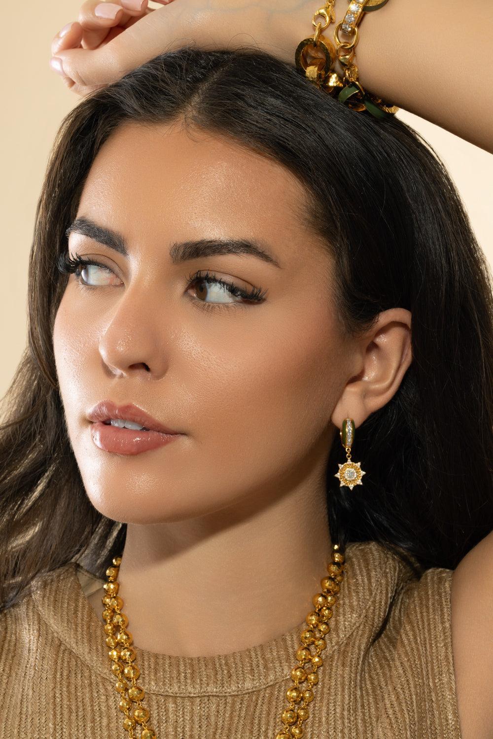 Diamond Army Green Sun Huggie Earrings-YELLOW GOLD-JEWELRYFINE JEWELEARRING-BUDDHA MAMA
