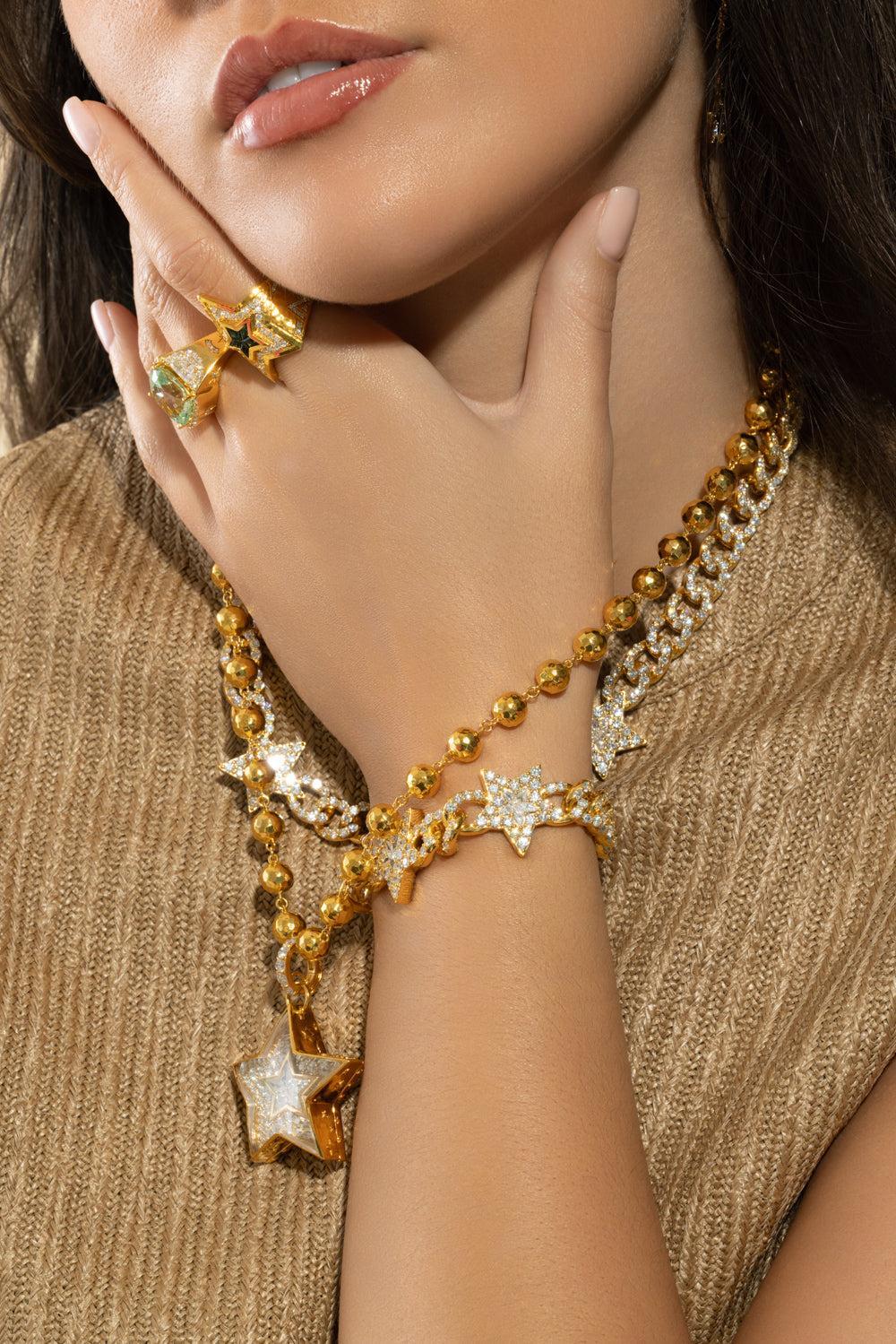 Diamond Double Side Star Cuban Link Bracelet-YELLOW GOLD-JEWELRYFINE JEWELBRACELET O-BUDDHA MAMA