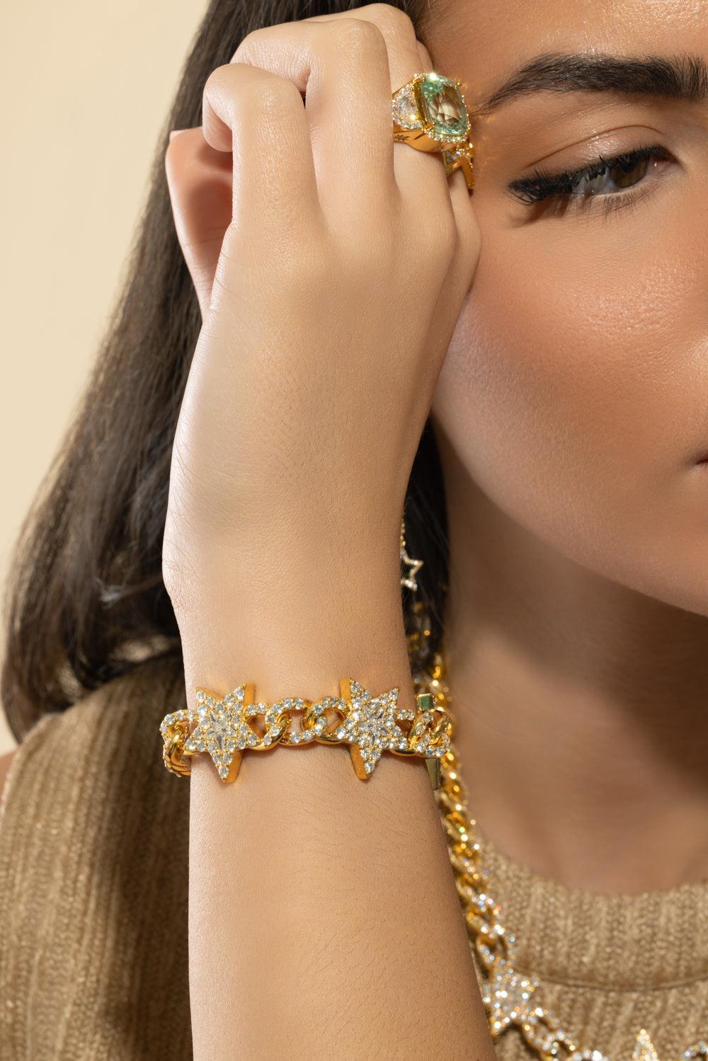 Diamond Double Side Star Cuban Link Bracelet-YELLOW GOLD-JEWELRYFINE JEWELBRACELET O-BUDDHA MAMA