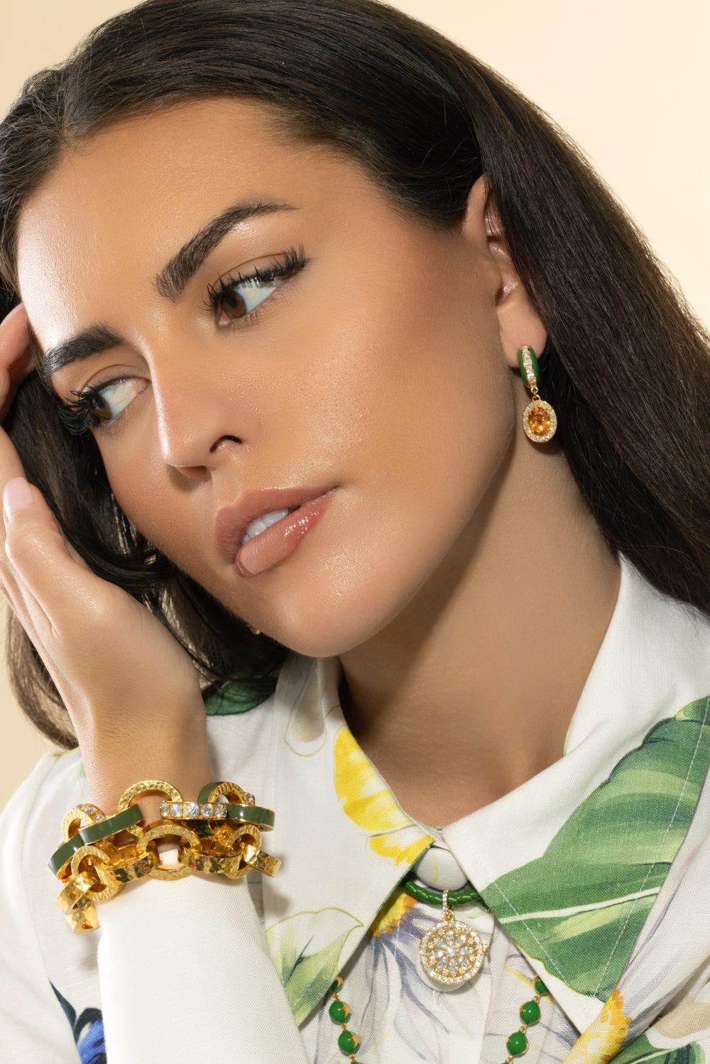 Garnet Diamond Green Huggie Earrings-YELLOW GOLD-JEWELRYFINE JEWELEARRING-BUDDHA MAMA