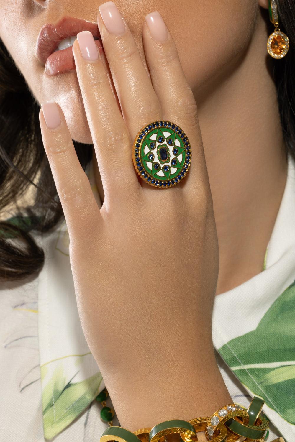 Blue Sapphire Kelly Green Mandala Coin Ring-YELLOW GOLD-7.5-JEWELRYFINE JEWELRING-BUDDHA MAMA