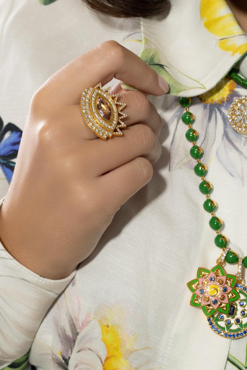 Diamond Morganite Evil Eye Ring-YELLOW GOLD-7.5-JEWELRYFINE JEWELRING-BUDDHA MAMA