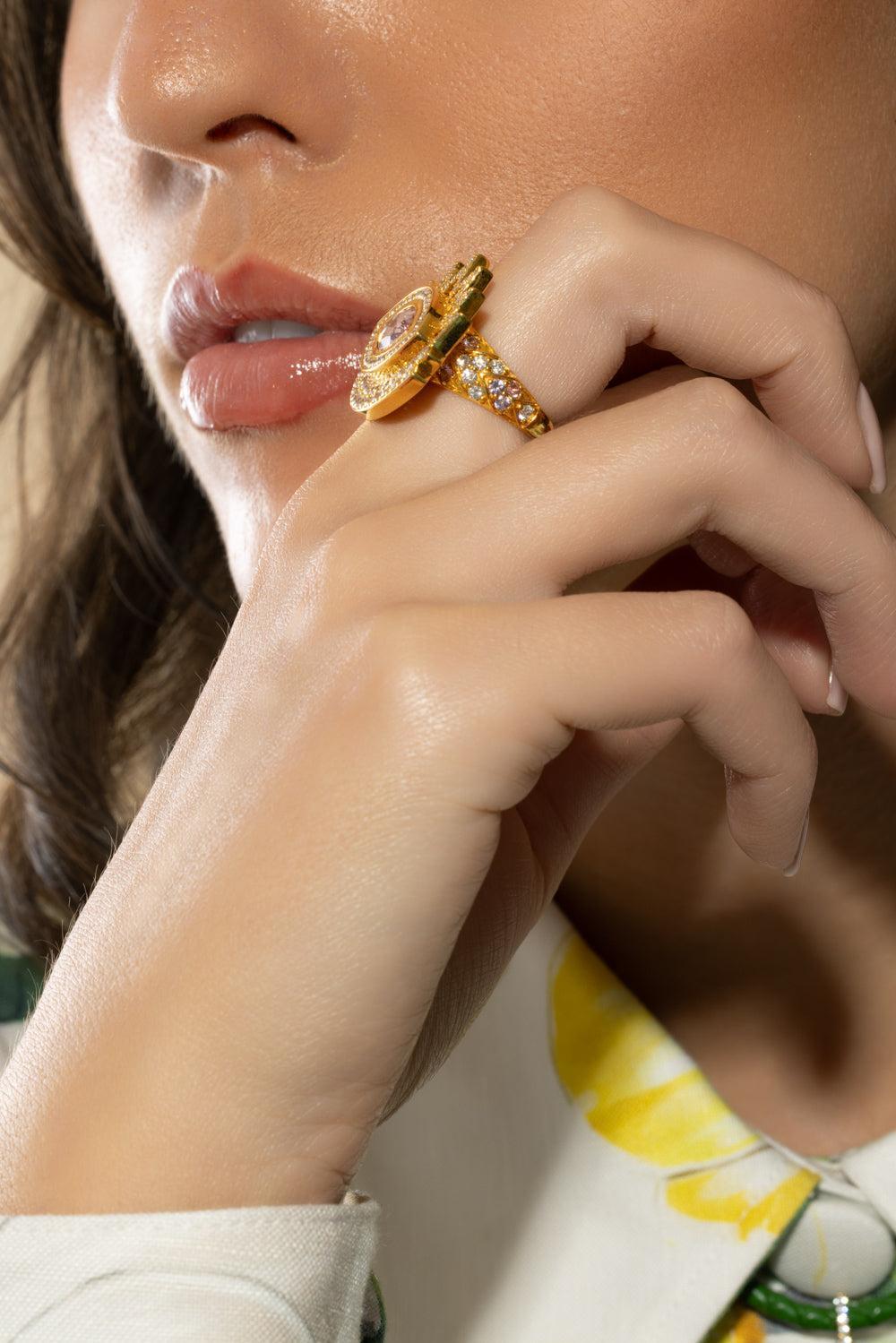 Diamond Morganite Evil Eye Ring-YELLOW GOLD-7.5-JEWELRYFINE JEWELRING-BUDDHA MAMA