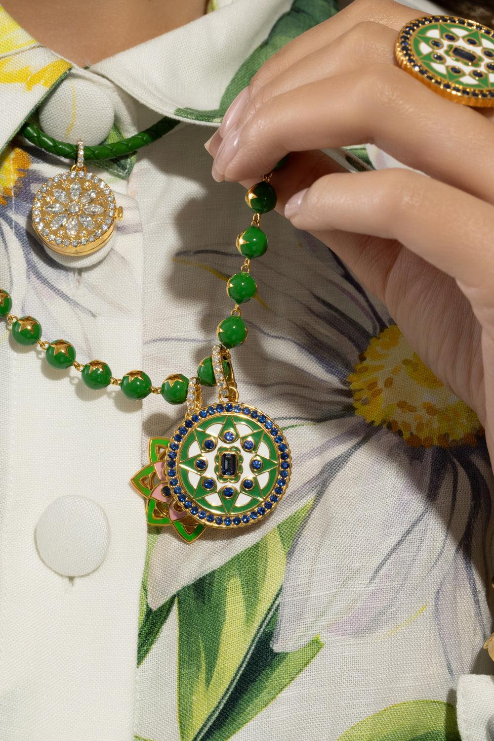 Diamond Sapphire Green Pink Star Mandala Pendant-YELLOW GOLD-JEWELRYFINE JEWELPENDANT-BUDDHA MAMA