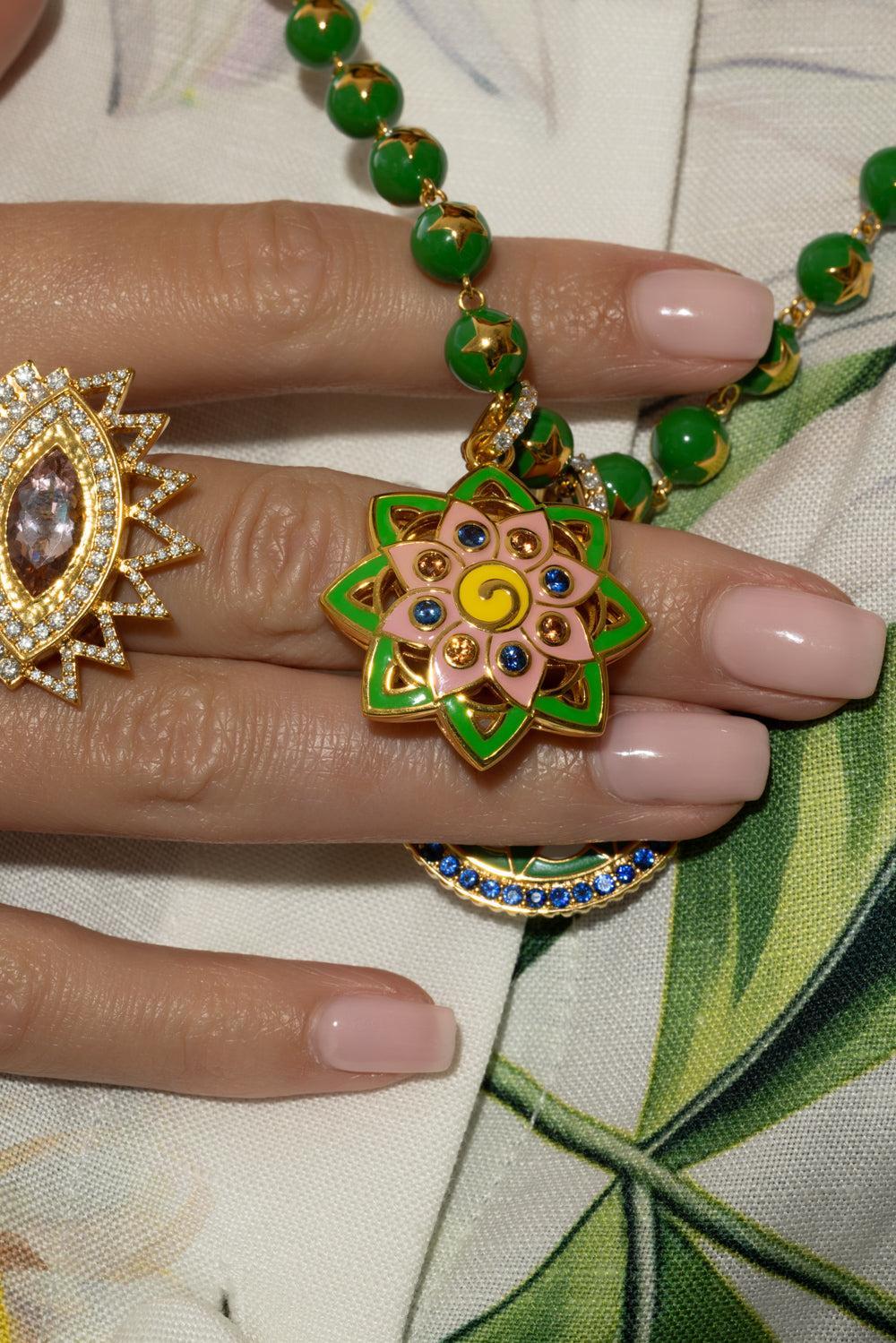Diamond Sapphire Green Pink Star Mandala Pendant-YELLOW GOLD-JEWELRYFINE JEWELPENDANT-BUDDHA MAMA