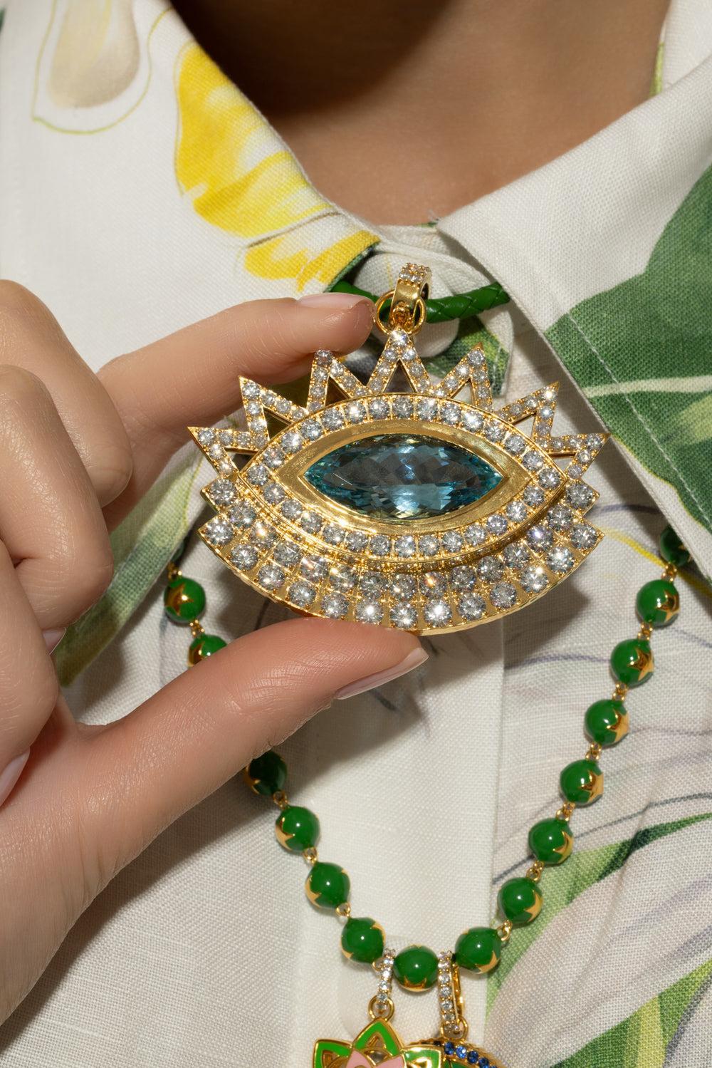 Aquamarine Diamond Large Evil Eye Pendant-YELLOW GOLD-JEWELRYFINE JEWELPENDANT-BUDDHA MAMA