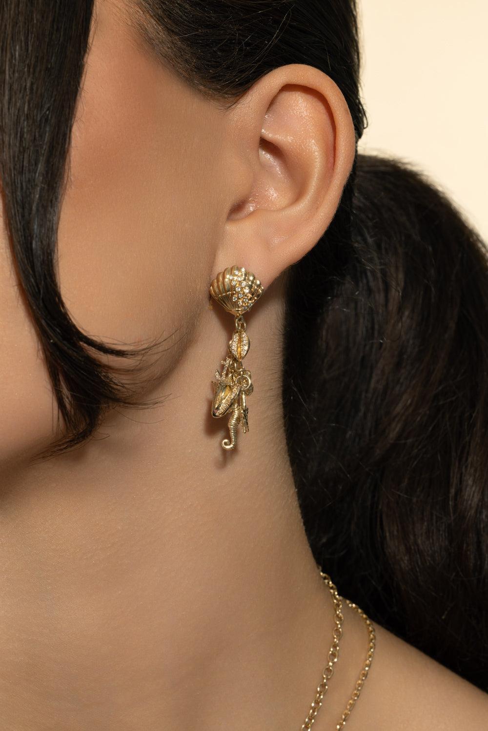 Multi Sea Life Clam Shell Earrings-YELLOW GOLD-JEWELRYFINE JEWELEARRING-SYDNEY EVAN