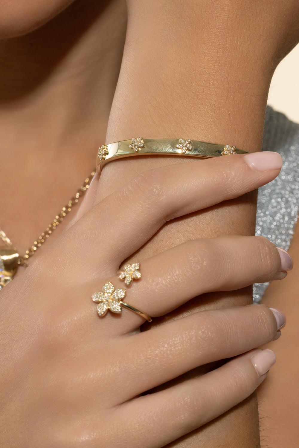 Diamond Flower Bangle Bracelet-YELLOW GOLD-JEWELRYFINE JEWELBRACELET O-SYDNEY EVAN