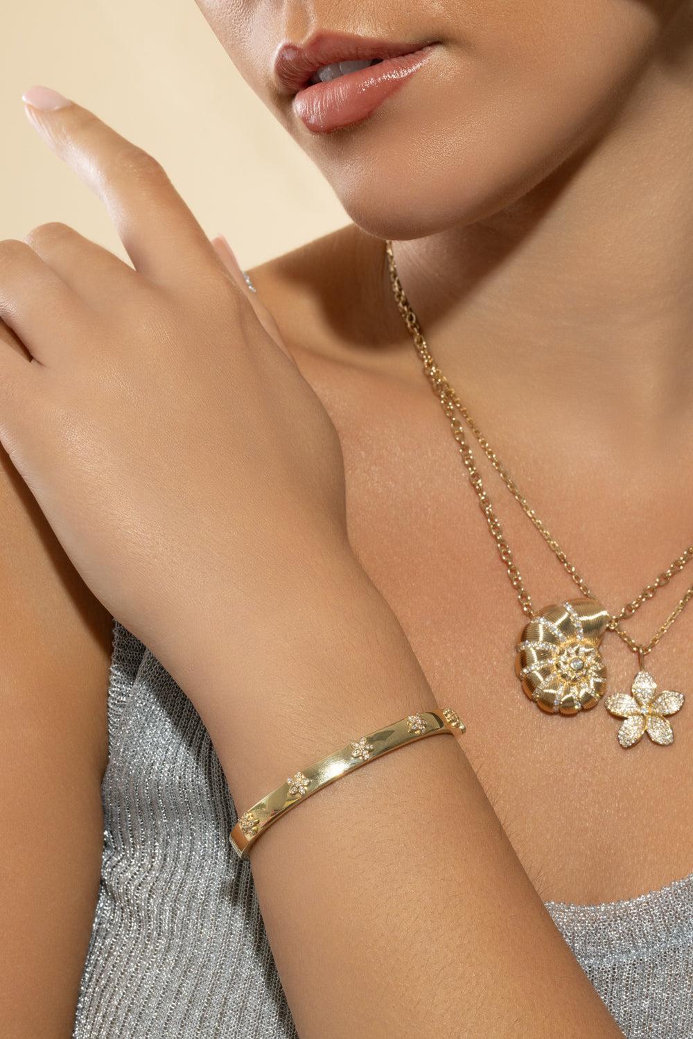 Diamond Flower Bangle Bracelet-YELLOW GOLD-JEWELRYFINE JEWELBRACELET O-SYDNEY EVAN