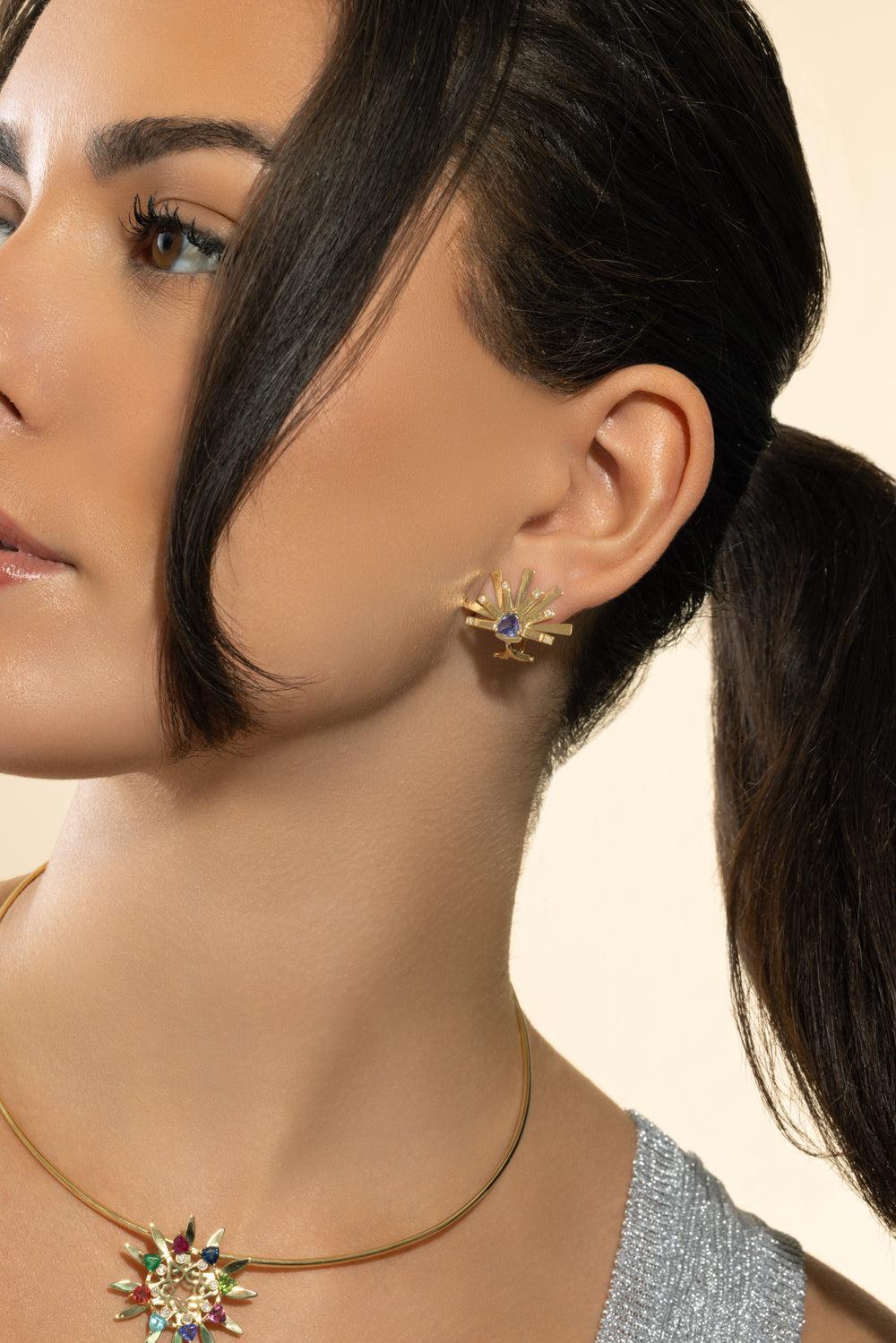 Tanzanite Mini Demi Circle Earrings-YELLOW GOLD-JEWELRYFINE JEWELEARRING-CAROL KAUFFMANN