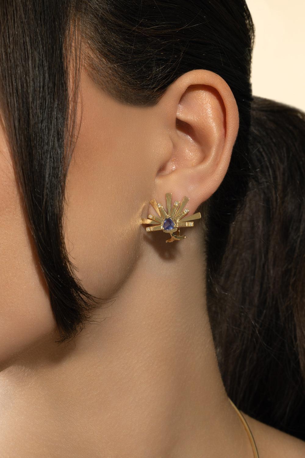 Tanzanite Mini Demi Circle Earrings-YELLOW GOLD-JEWELRYFINE JEWELEARRING-CAROL KAUFFMANN