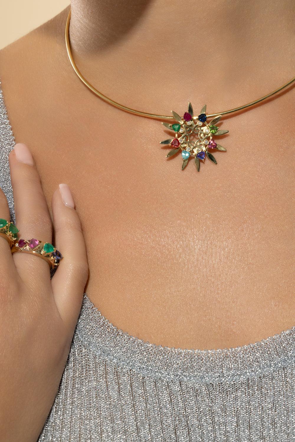 Medium Multi Sapphire Mandala Pendant-YELLOW GOLD-JEWELRYFINE JEWELPENDANT-CAROL KAUFFMANN