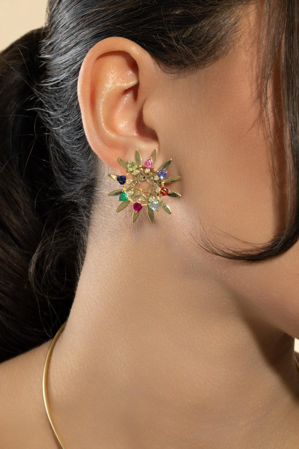 Multi Stone Medium Mandala Hoop Earrings-YELLOW GOLD-JEWELRYFINE JEWELEARRING-CAROL KAUFFMANN
