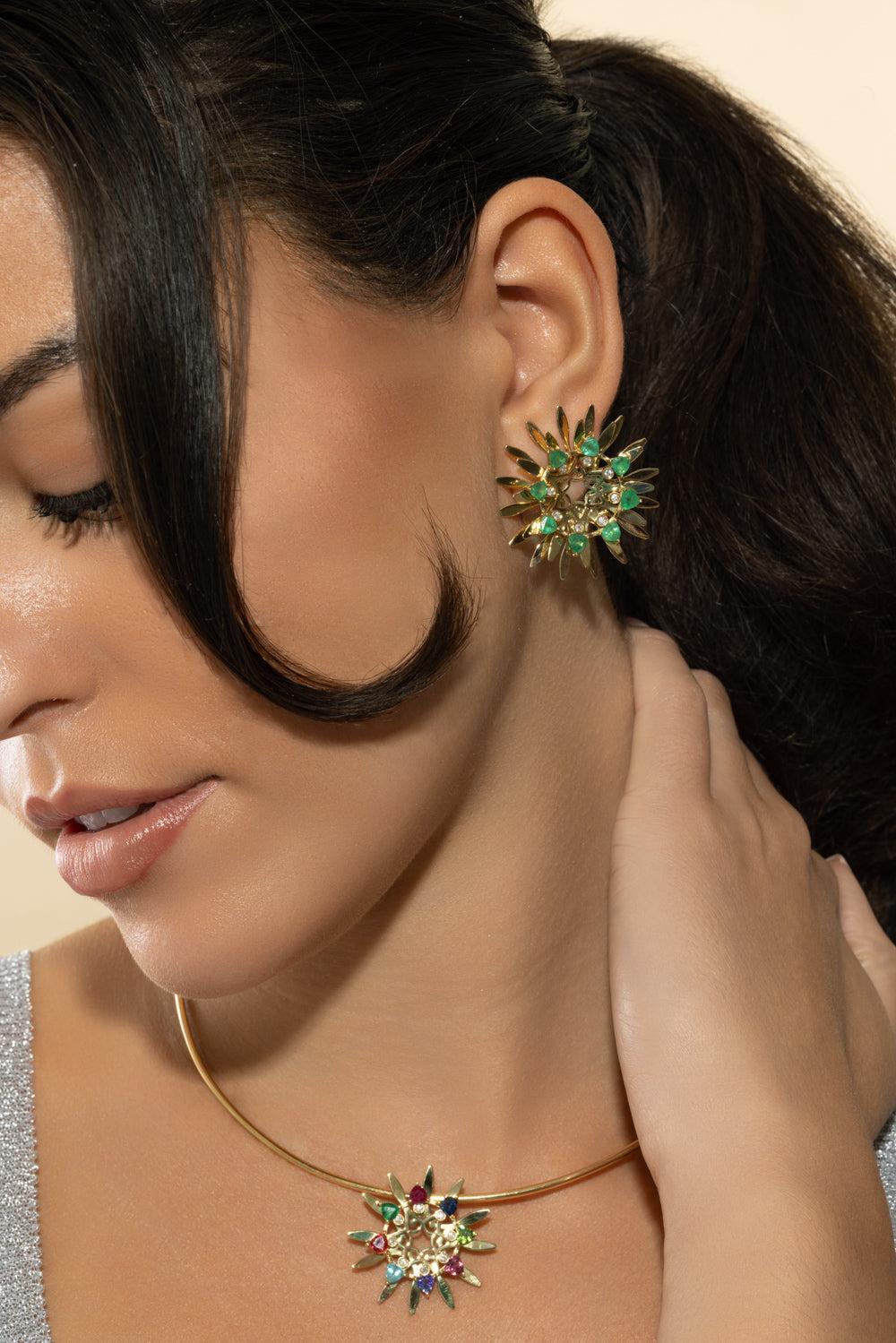 Emerald Mandala Hoop Earrings-YELLOW GOLD-JEWELRYFINE JEWELEARRING-CAROL KAUFFMANN