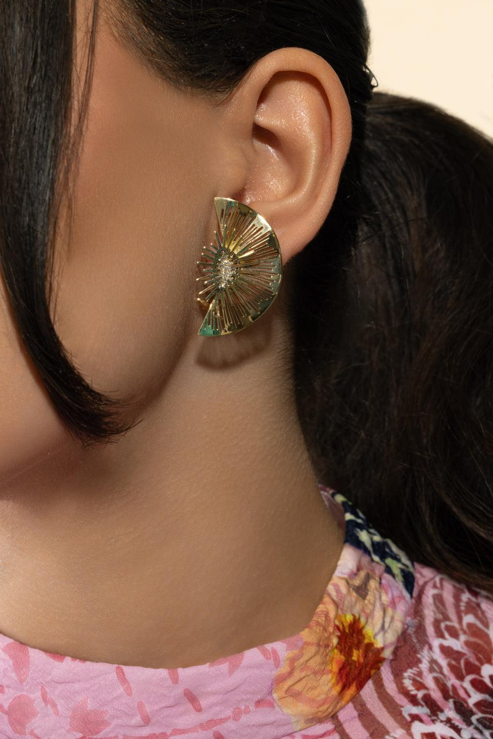 Explosion Half Moon Diamond Earrings-YELLOW GOLD-JEWELRYFINE JEWELEARRING-CAROL KAUFFMANN